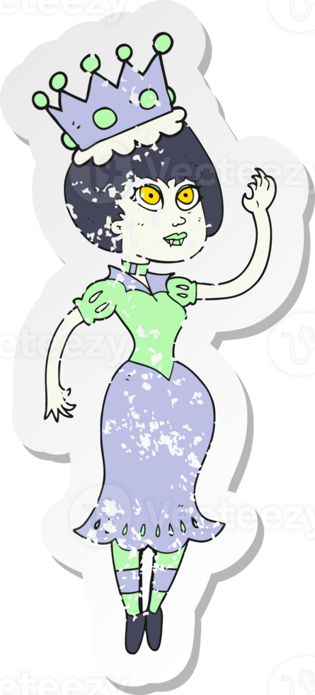 retro distressed sticker of a cartoon vampire queen waving png