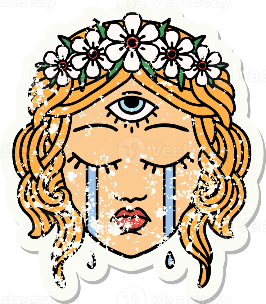traditional distressed sticker tattoo of female face with third eye crying png