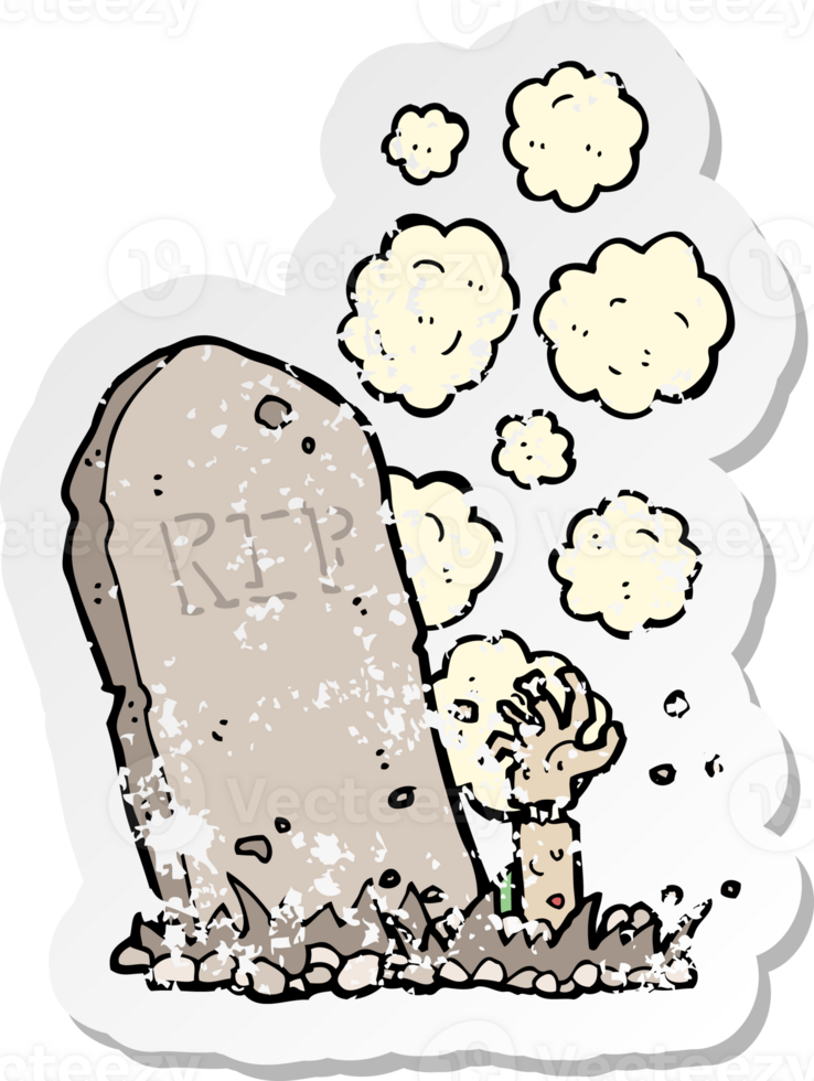 retro distressed sticker of a cartoon zombie rising from grave png