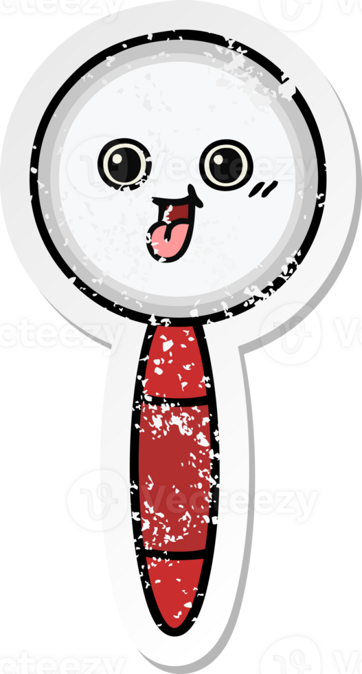 distressed sticker of a cute cartoon magnifying glass png