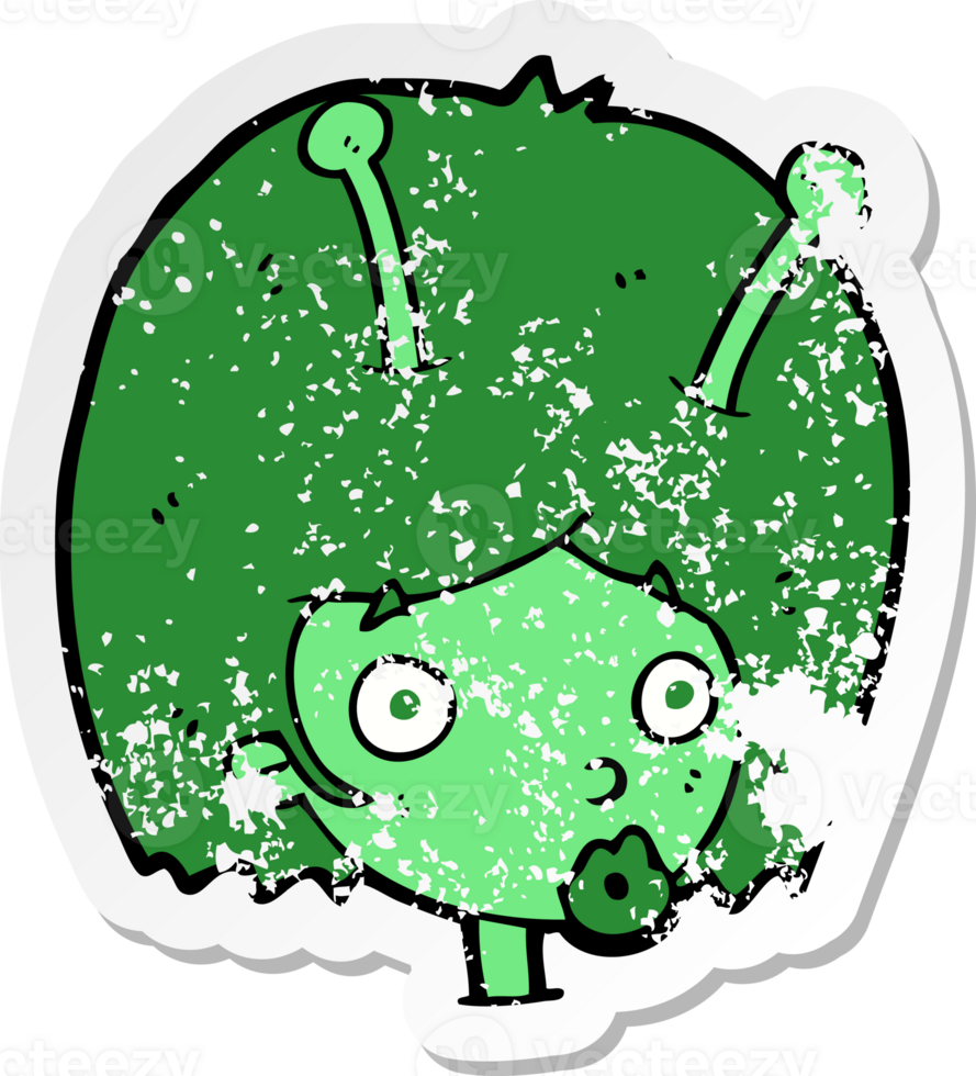 retro distressed sticker of a cartoon alien girl png