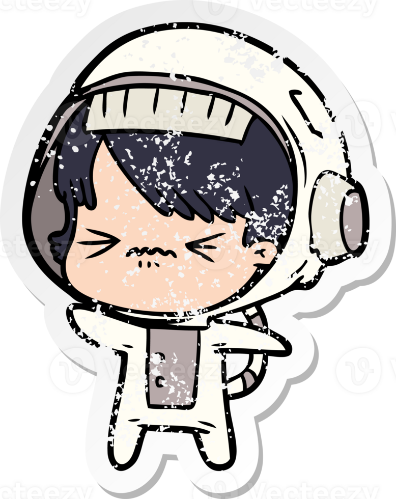 distressed sticker of a angry cartoon space girl png