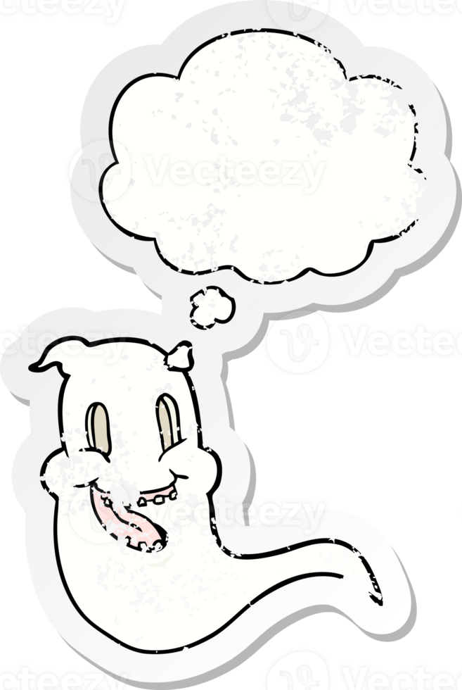 cartoon spooky ghost and thought bubble as a distressed worn sticker png