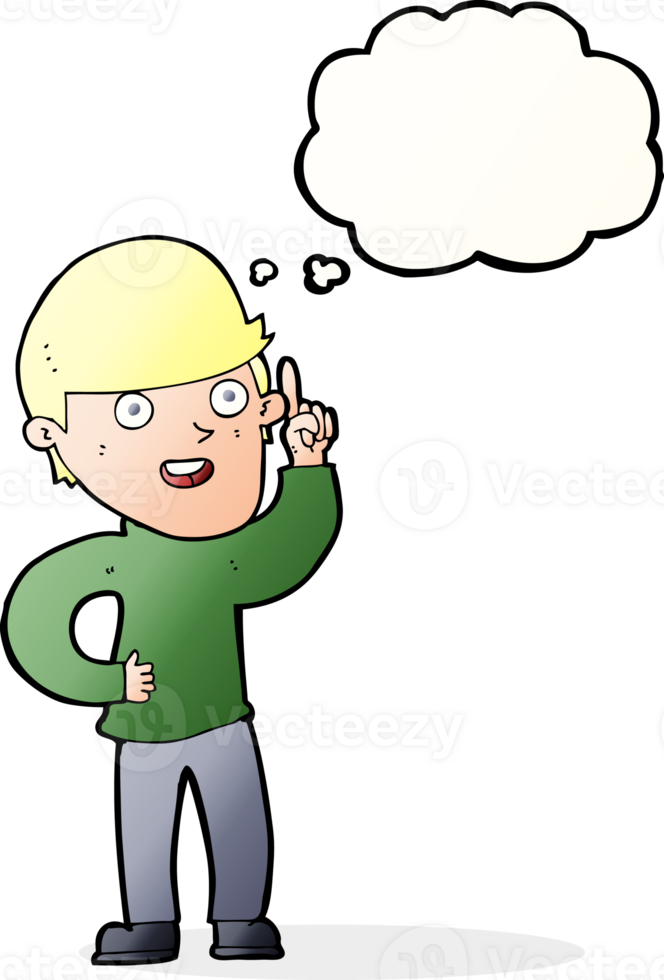 cartoon boy with idea with thought bubble png