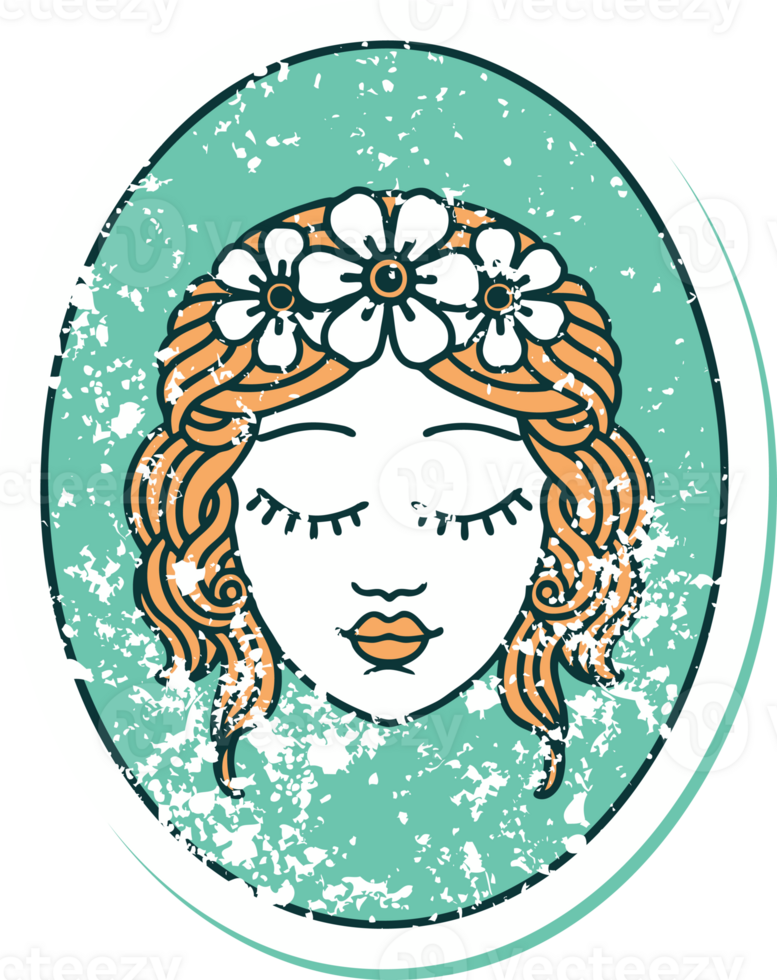 distressed sticker tattoo style icon of a maiden with eyes closed png