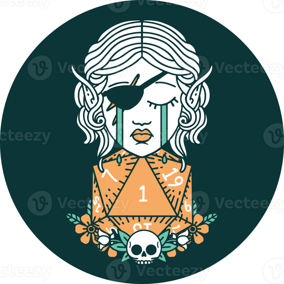 crying elf rogue character face with natural one D20 roll icon png