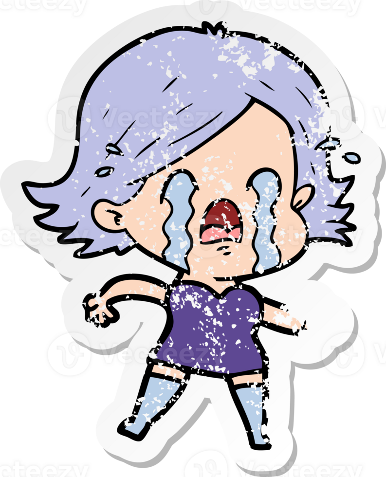 distressed sticker of a cartoon woman crying png