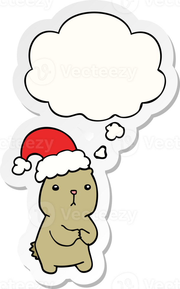 cartoon christmas bear worrying and thought bubble as a printed sticker png