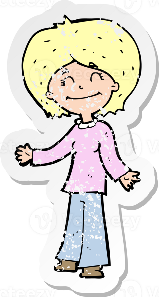 retro distressed sticker of a cartoon happy woman png