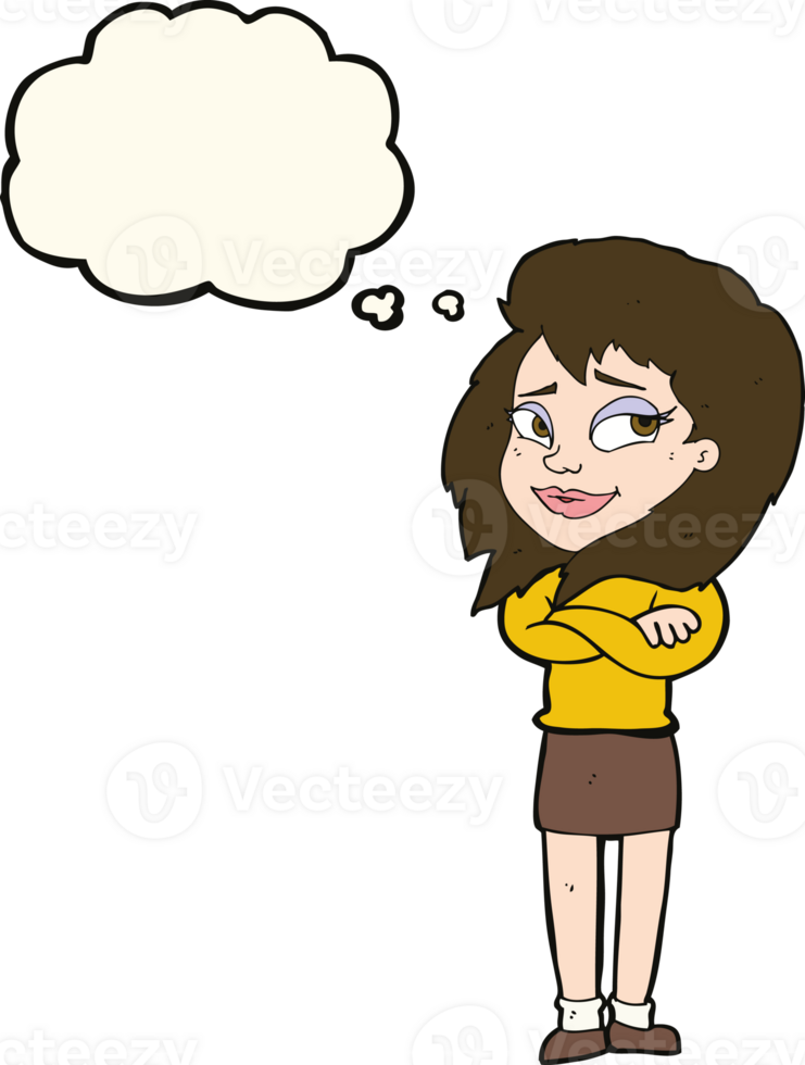 cartoon woman with crossed arms with thought bubble png