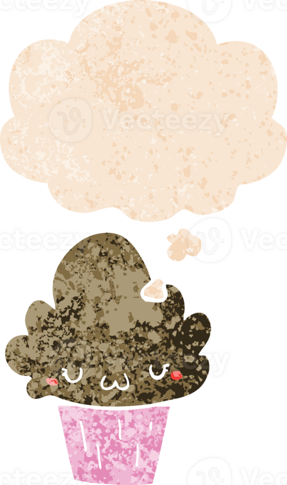 cartoon cupcake with face and thought bubble in retro textured style png