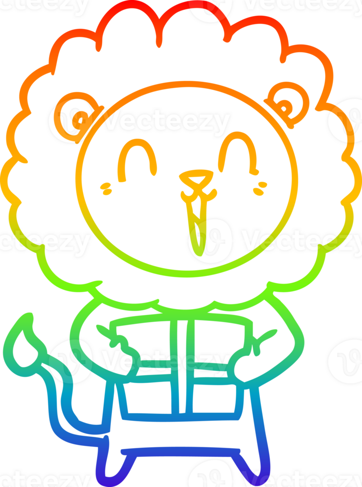 rainbow gradient line drawing laughing lion cartoon with christmas present png