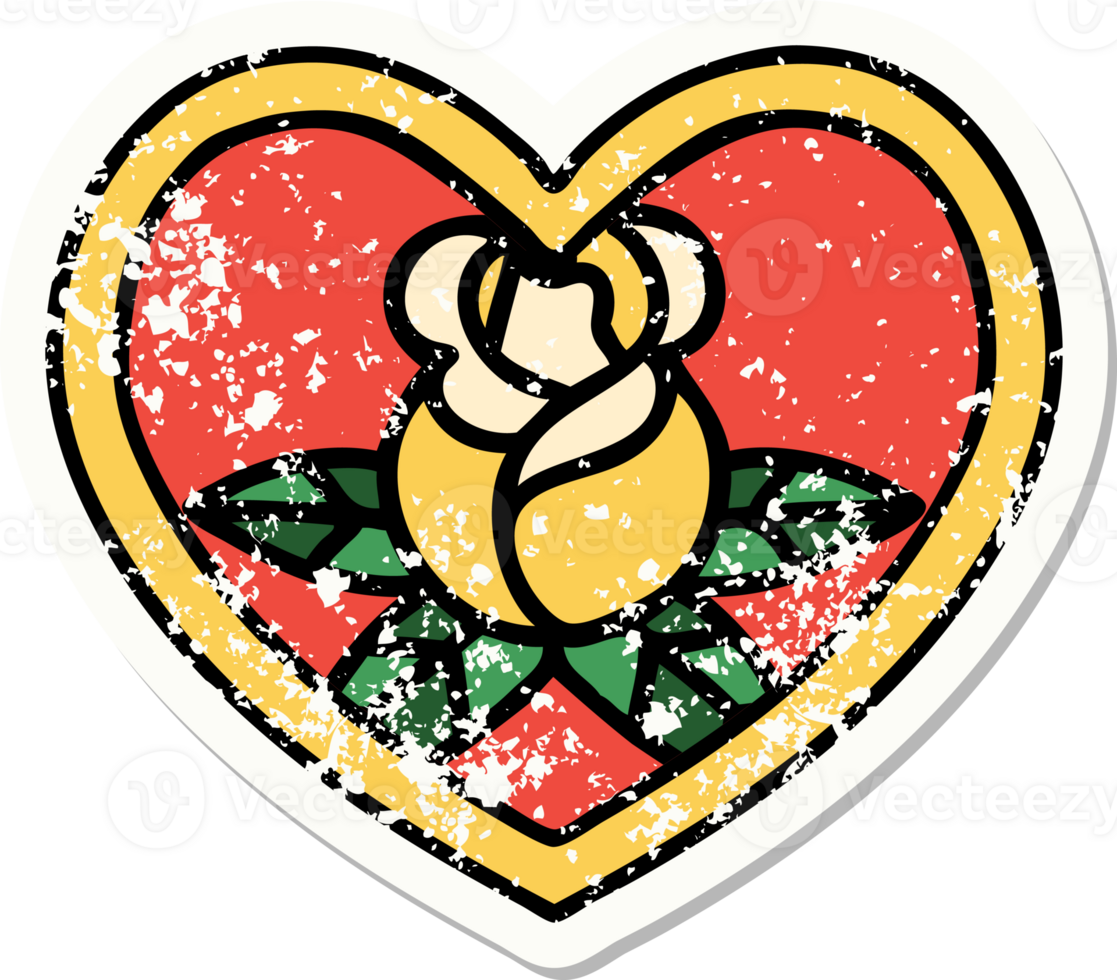 traditional distressed sticker tattoo of a heart and flowers png