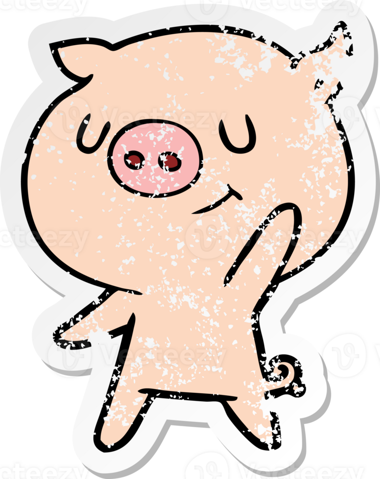 distressed sticker of a happy cartoon pig waving png