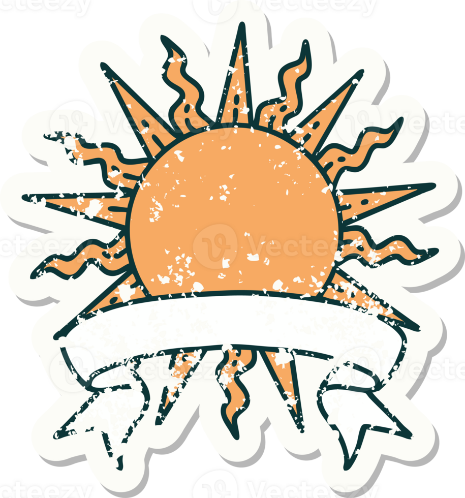 grunge sticker with banner of a sun png