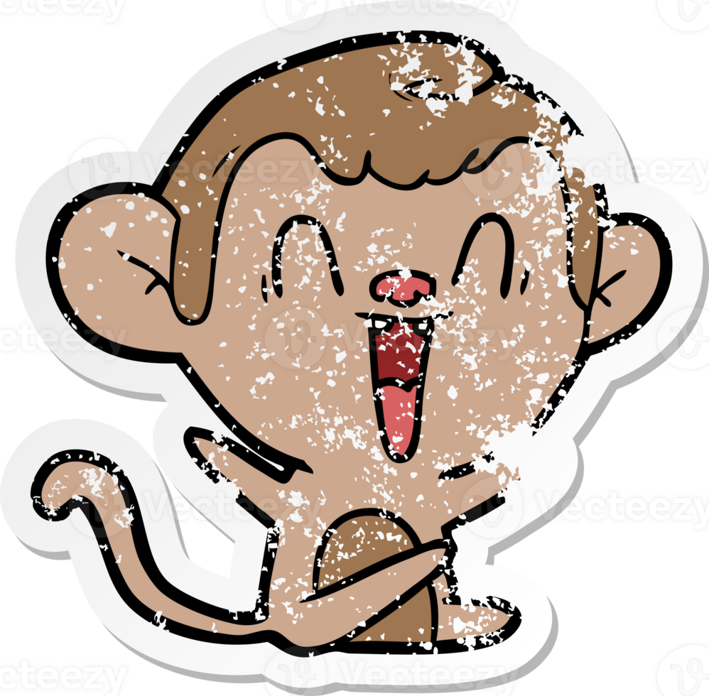 distressed sticker of a cartoon laughing monkey png