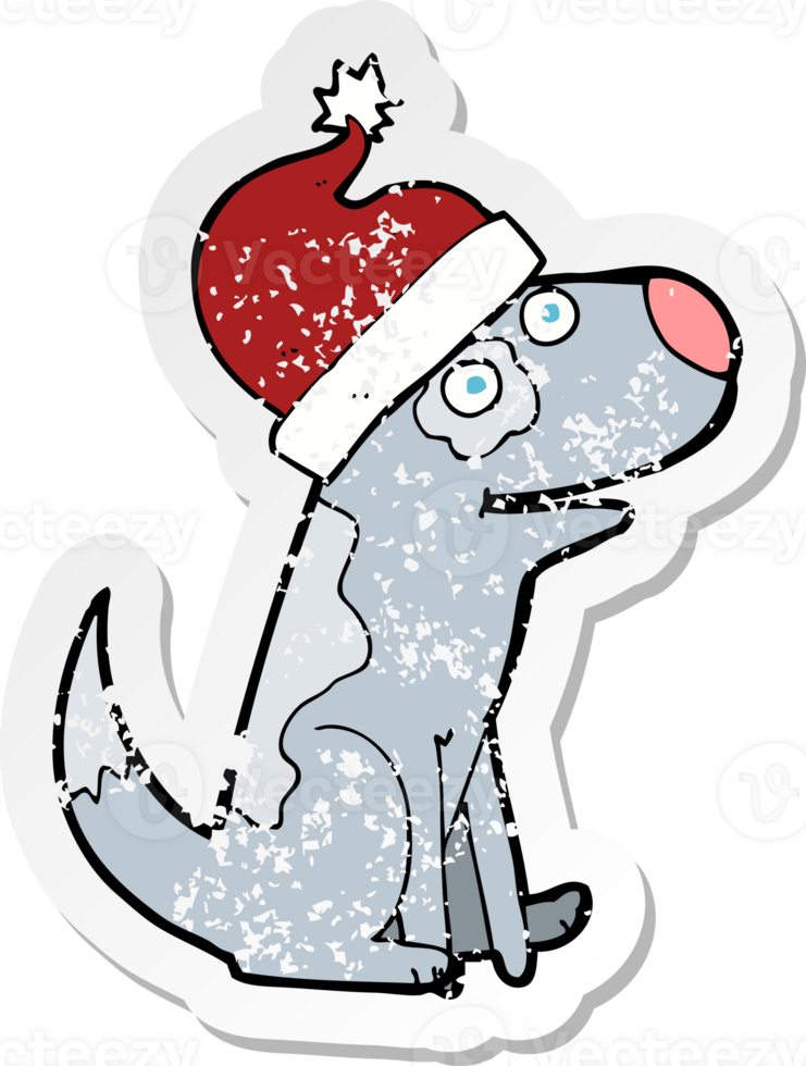 retro distressed sticker of a cartoon dog wearing christmas hat png