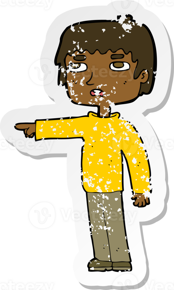 retro distressed sticker of a cartoon boy pointing png