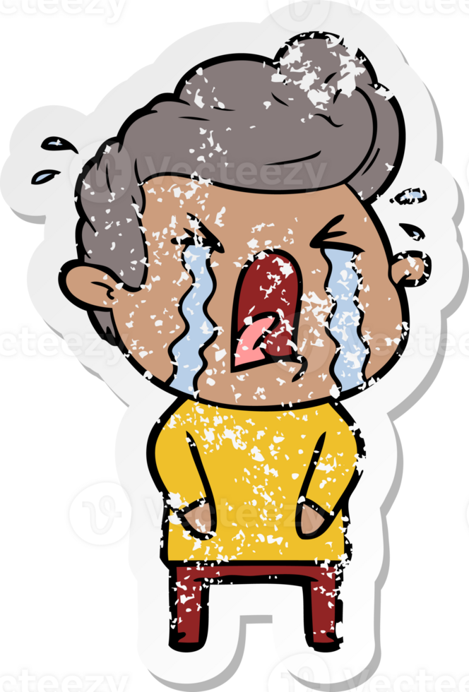 distressed sticker of a cartoon crying man png
