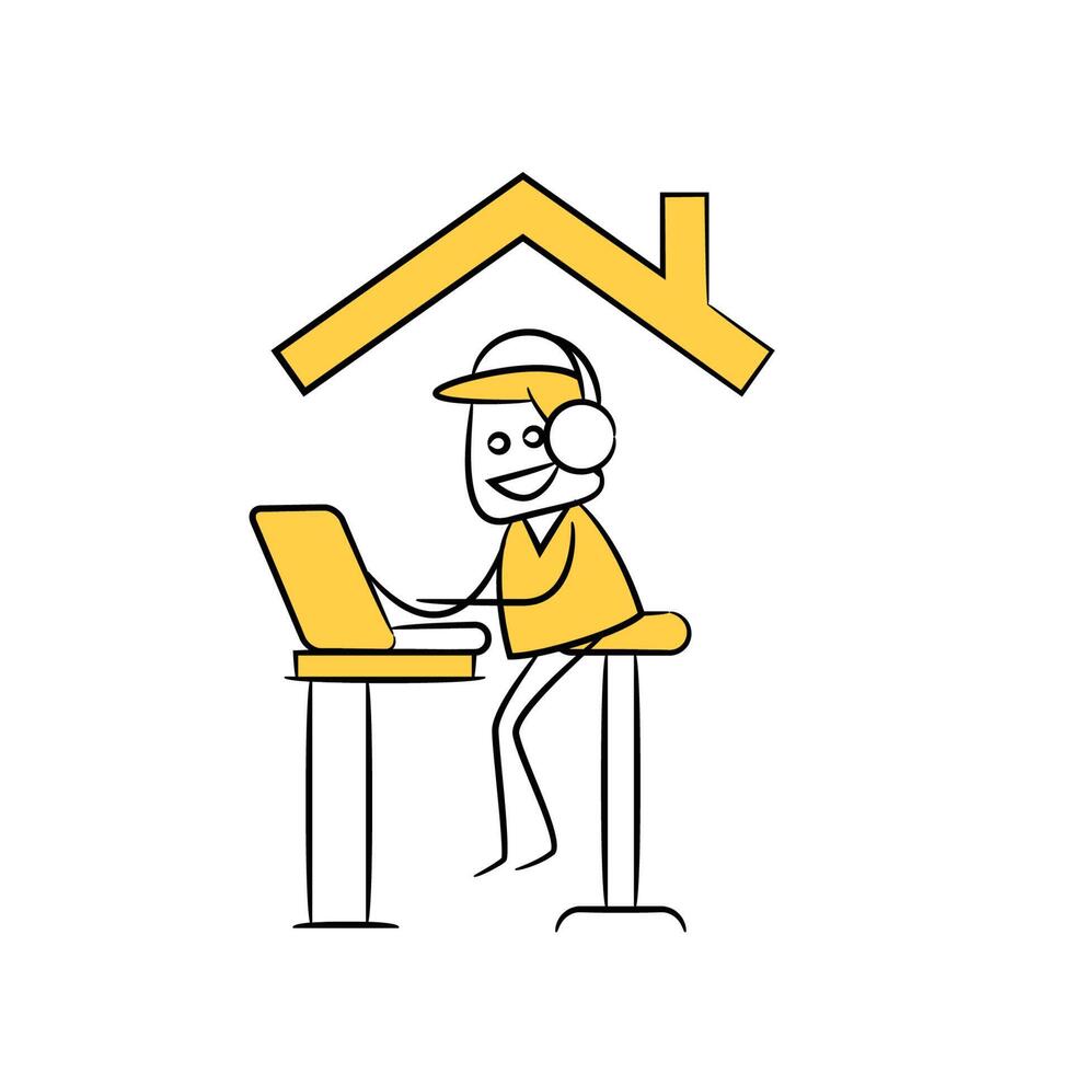 a man sitting at a desk with headphones on and a laptop vector