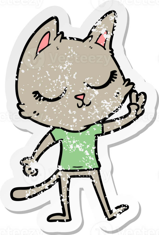 distressed sticker of a calm cartoon cat giving peace sign png