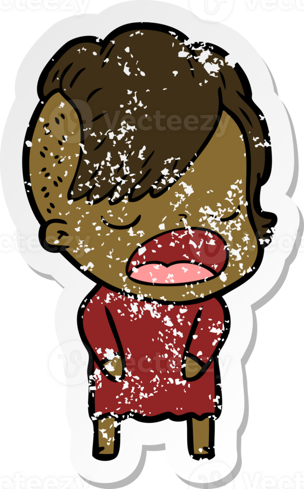 distressed sticker of a cartoon cool hipster girl talking png