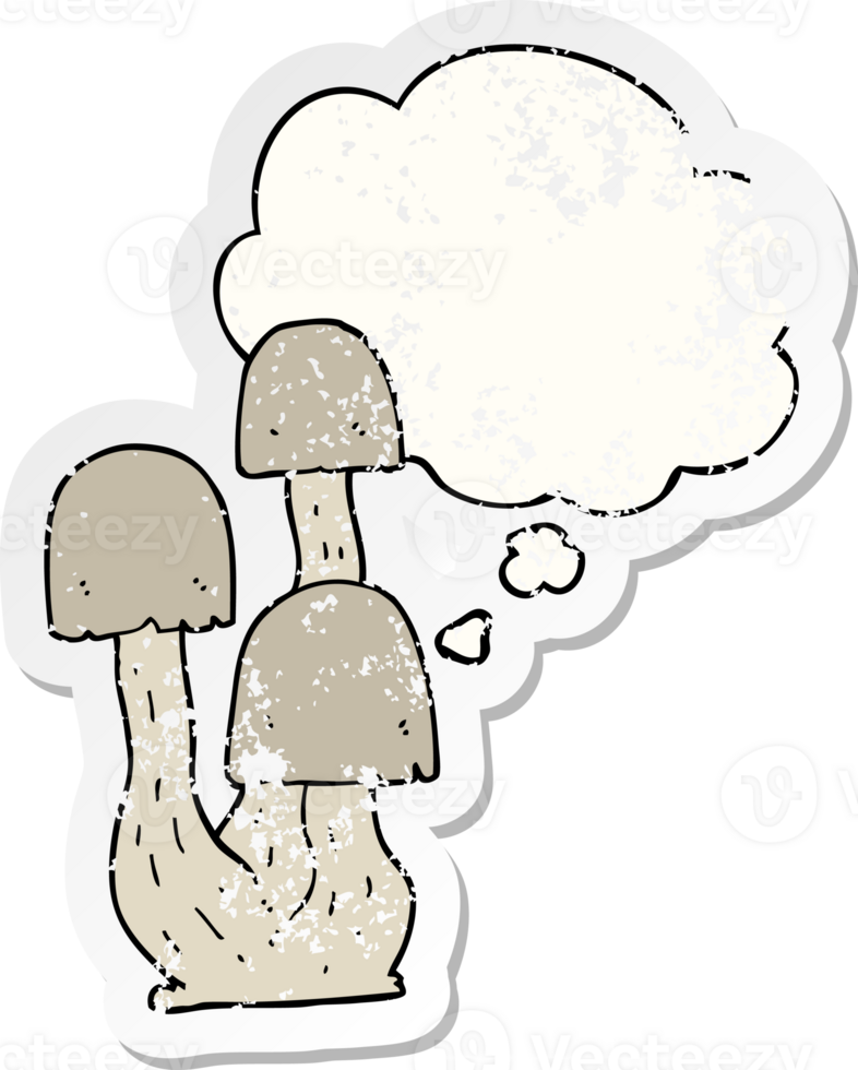 cartoon mushroom and thought bubble as a distressed worn sticker png