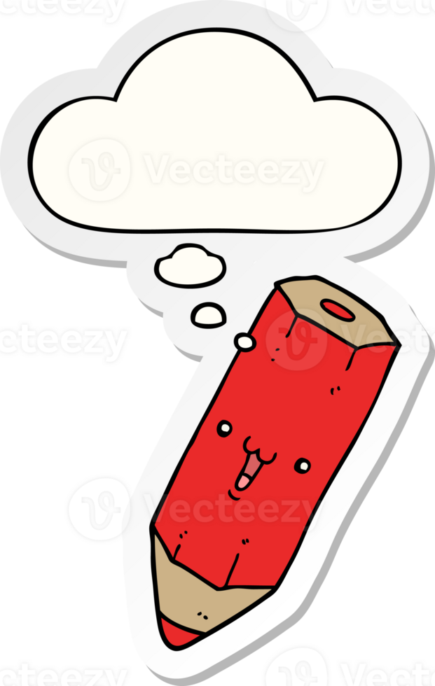 happy cartoon pencil and thought bubble as a printed sticker png