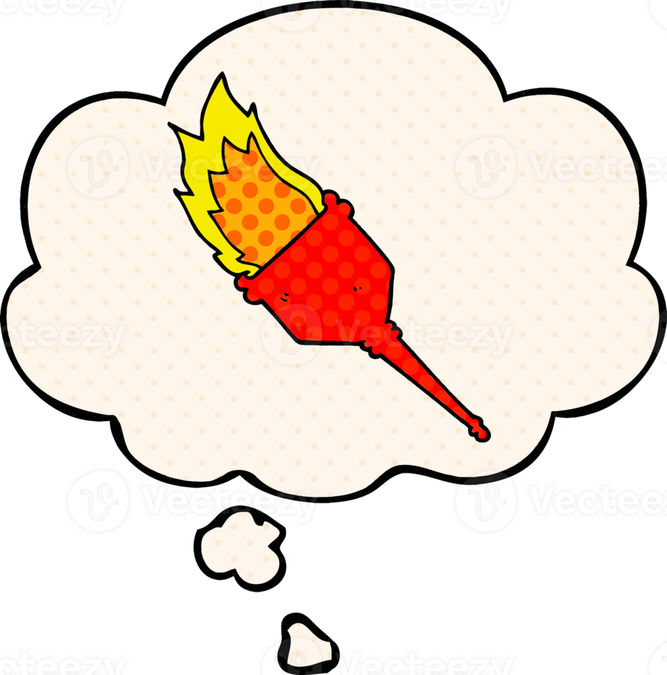 cartoon flaming torch and thought bubble in comic book style png