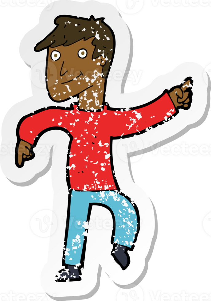 retro distressed sticker of a cartoon happy man pointing png
