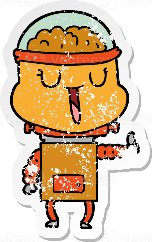 distressed sticker of a happy cartoon robot png