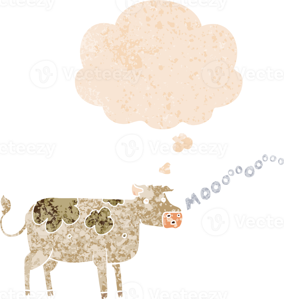 cartoon cow and thought bubble in retro textured style png