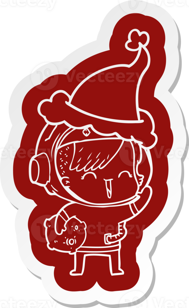 cartoon  sticker of a happy spacegirl holding moon rock wearing santa hat png