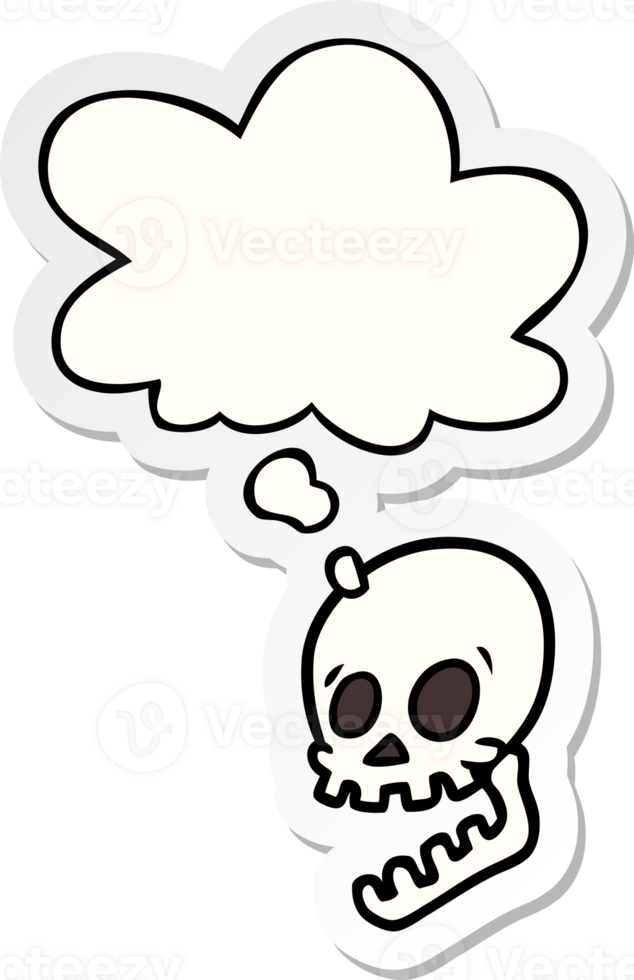 laughing skull cartoon and thought bubble as a printed sticker png