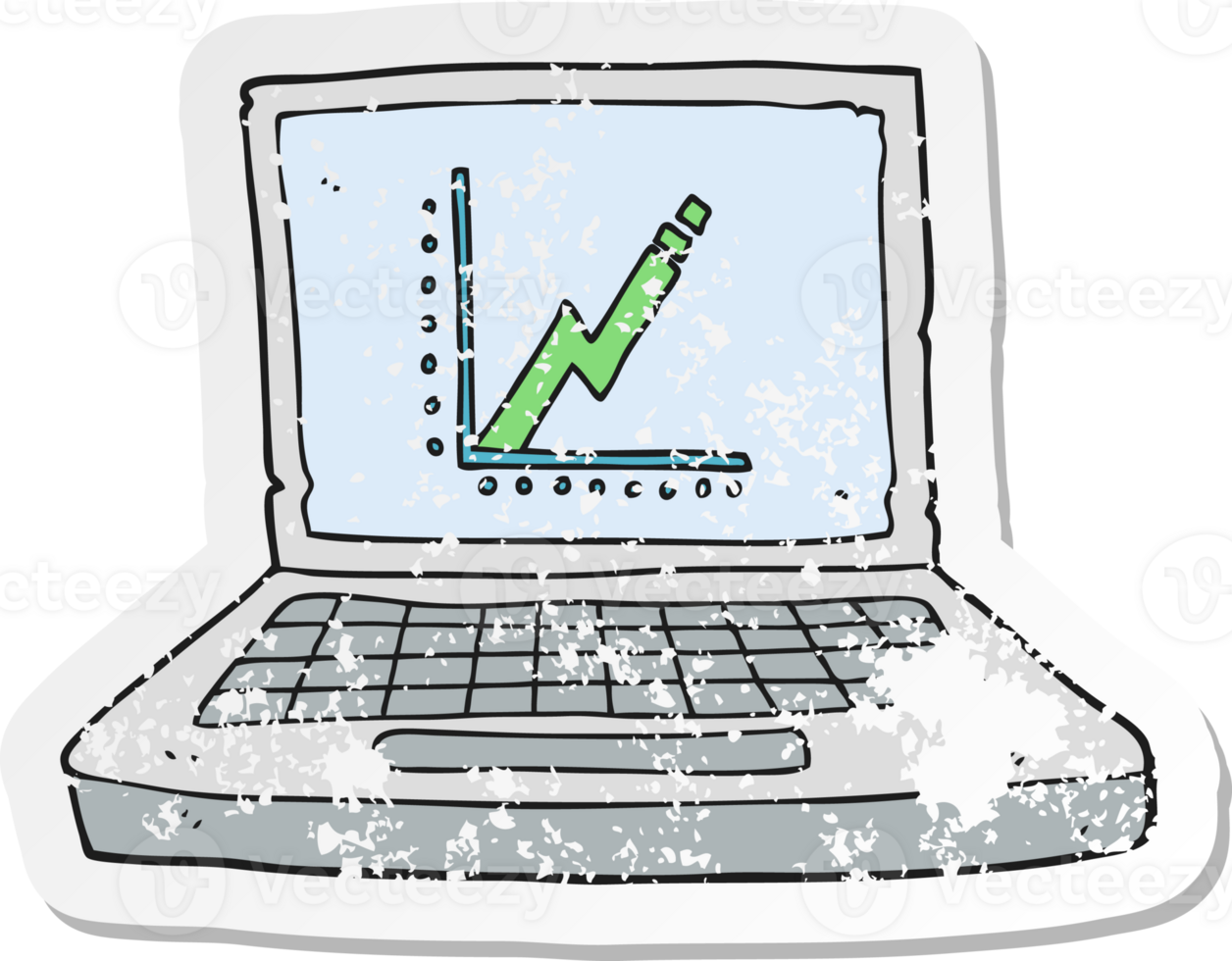 retro distressed sticker of a cartoon laptop computer with business graph png