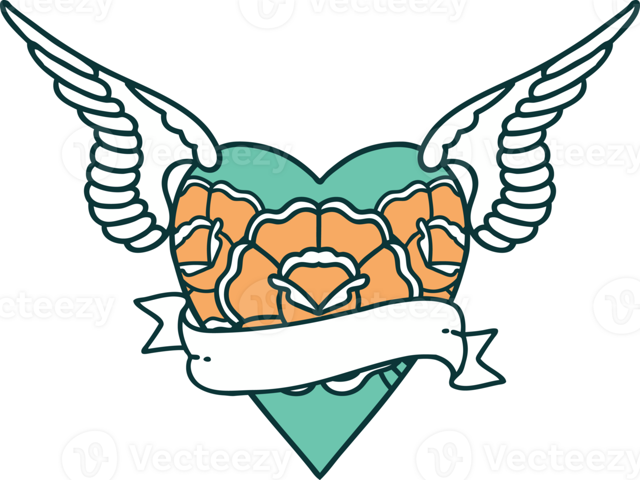 tattoo style icon of a heart with wings flowers and banner png