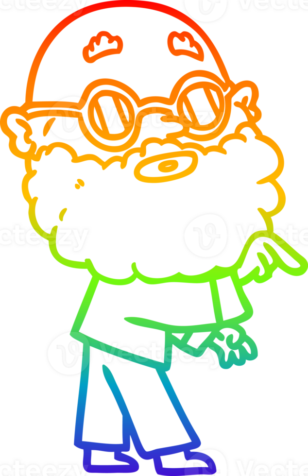rainbow gradient line drawing cartoon curious man with beard and glasses png