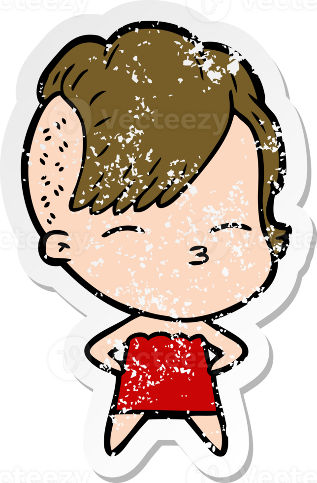 distressed sticker of a cartoon squinting girl in dress png