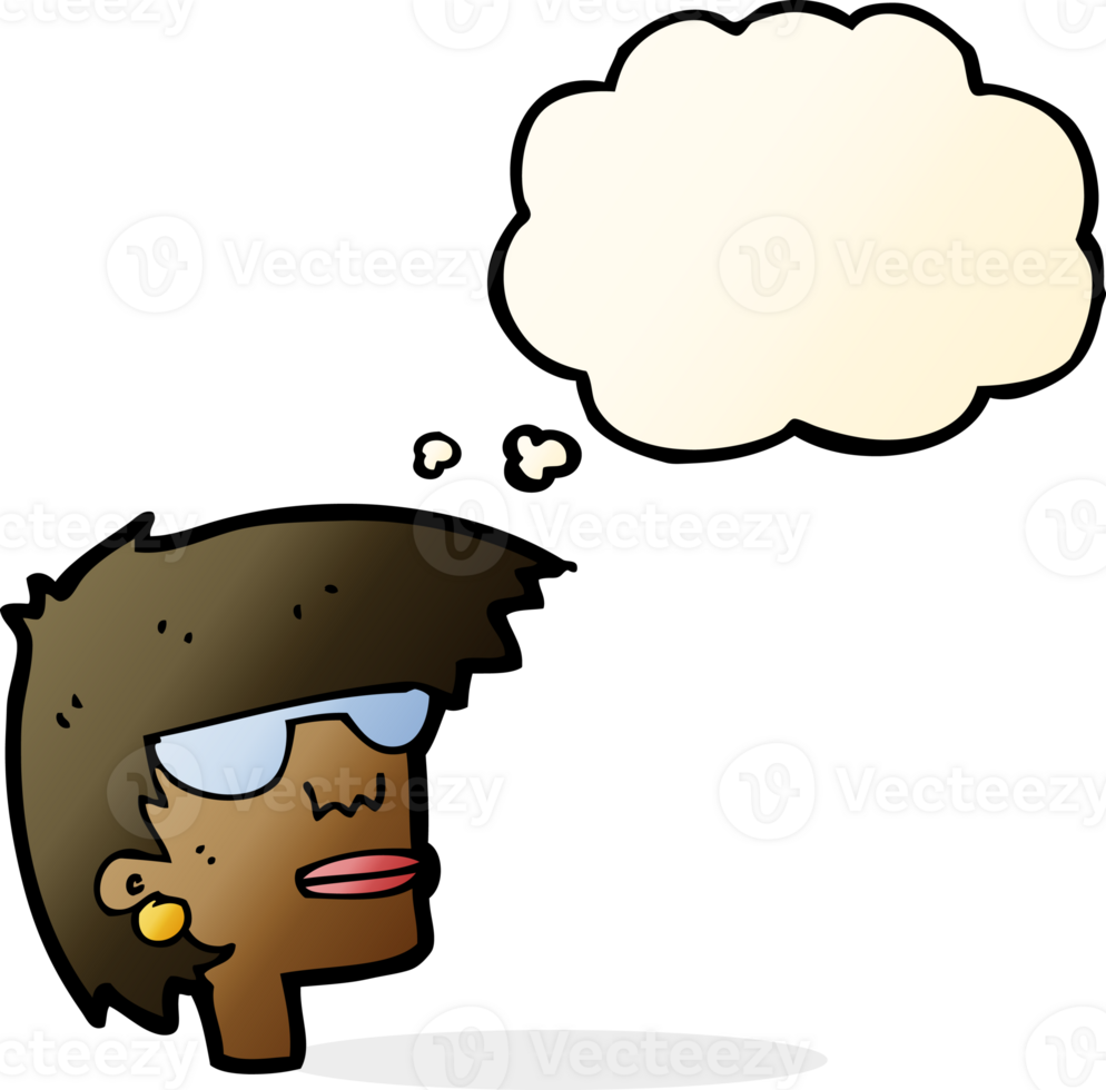 cartoon female face with glasses with thought bubble png