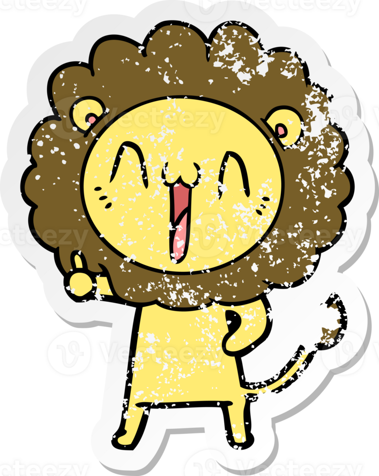 distressed sticker of a happy cartoon lion png