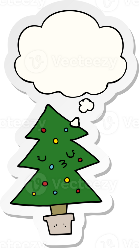 cartoon christmas tree and thought bubble as a printed sticker png