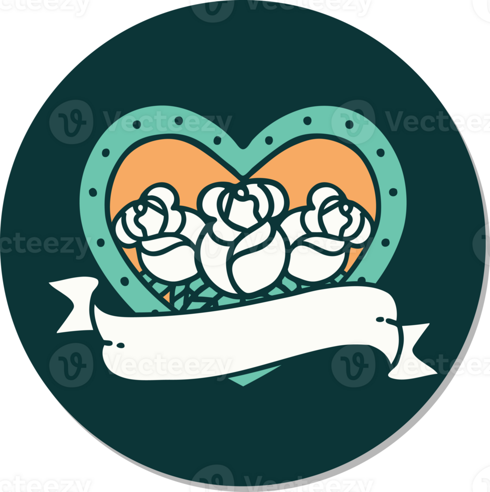 tattoo style sticker of a heart and banner with flowers png