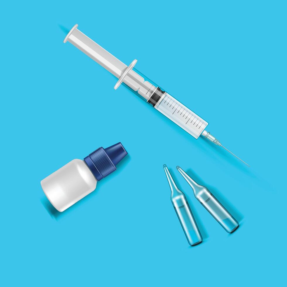 Syringe and ampoules with medicines or vaccine over blue background vector