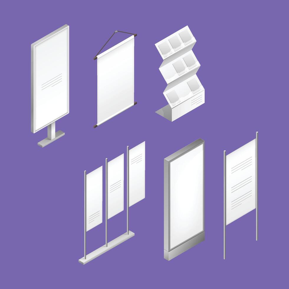 Empty billboard, stander and lightboxes isolated on white background. Set of templates vector
