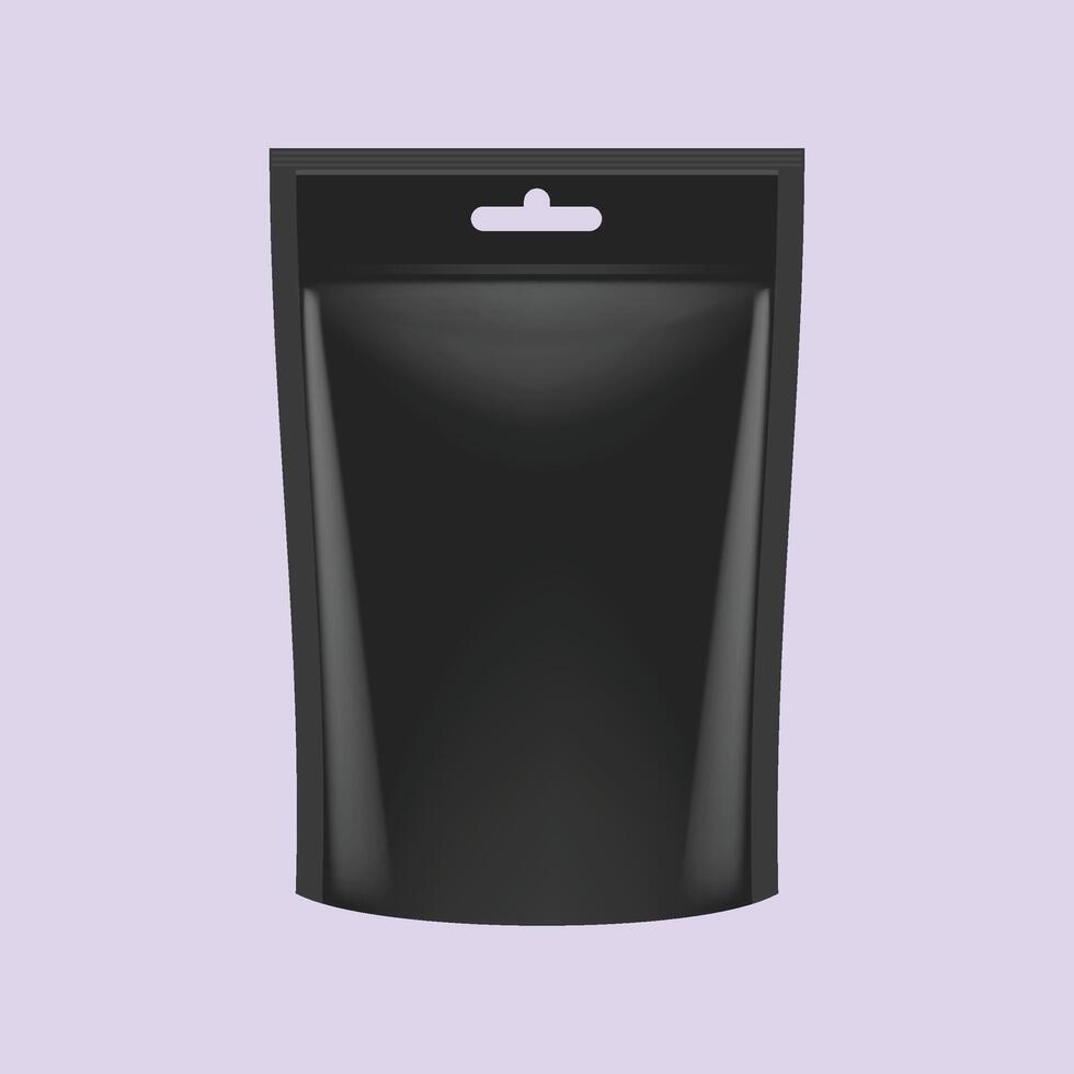 Realistic heavy black stand up pouch bag with handle mockup with shadow. Front view. vector
