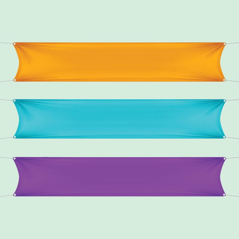 Orange, Turquoise and Purple Blank Empty Horizontal Rectangular Banners Set with Corners Ropes. vector