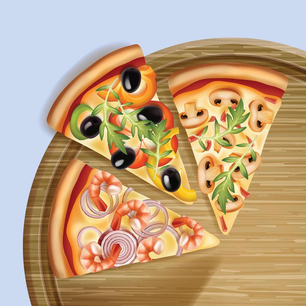 Pizza constructor with different ingredients illustration. Slice of fast food with vegetables vector