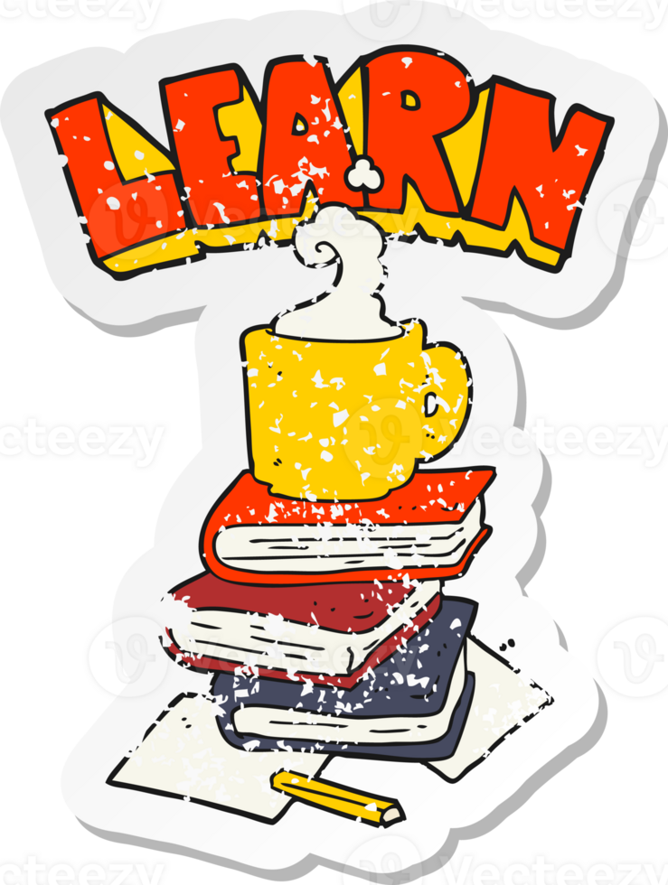 retro distressed sticker of a cartoon books and coffee cup under Learn symbol png