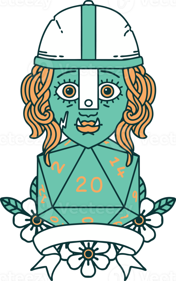 half orc fighter with natural twenty dice roll illustration png