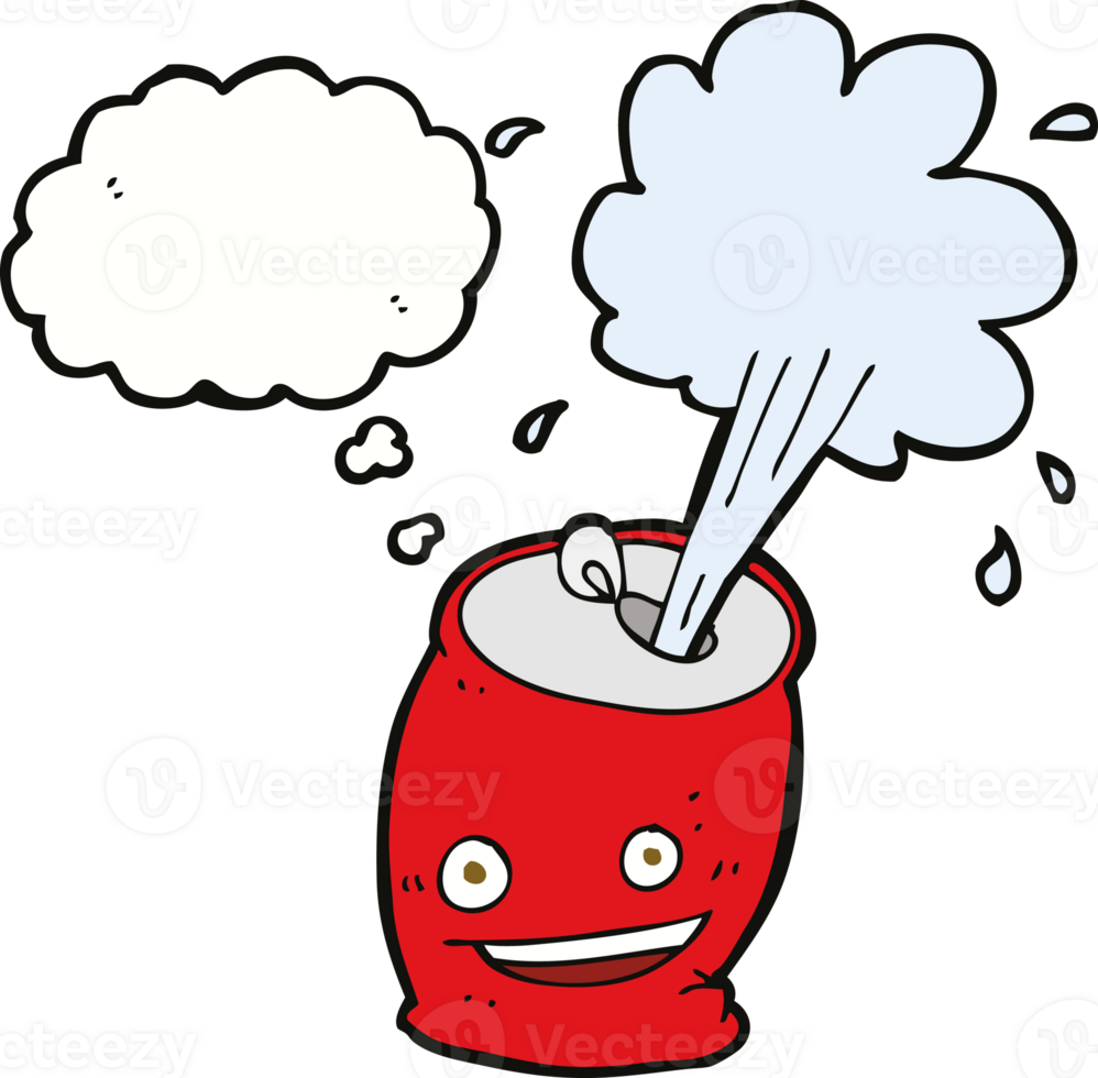 cartoon fizzing soda can with thought bubble png